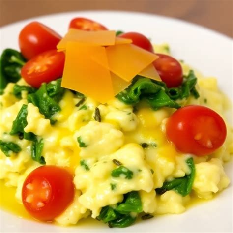 Cheesy Spinach and Tomato Scrambled Eggs Recipe | cookAIfood
