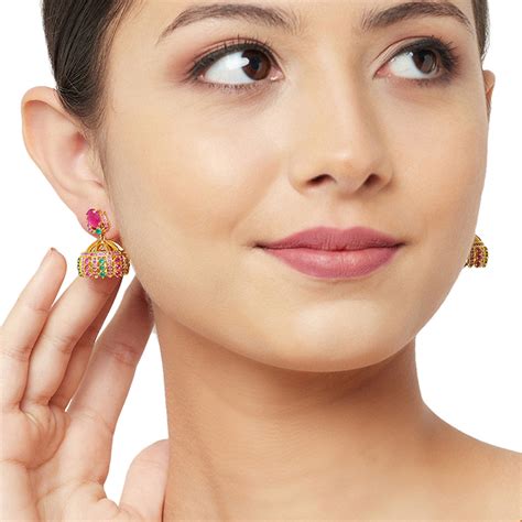 American Diamond CZ Traditional Gold Plated Red & Green Brass Jhumka E ...