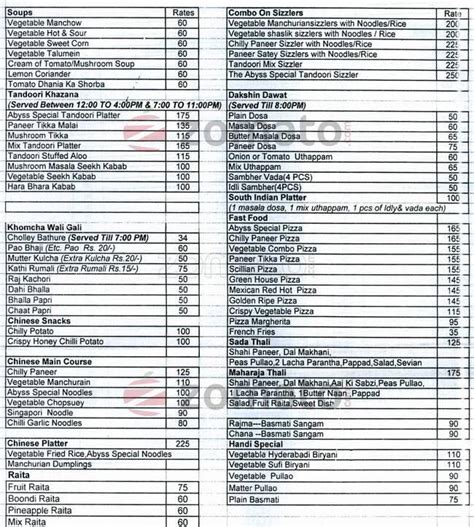 Menu at The Abyss, Delhi