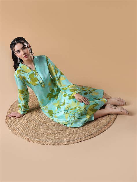 SHOWOFF Women's Floral A-Line Green Kurta and Trousers