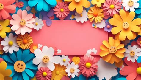 Paper flowers with smiley faces on pink background 3d rendering ...
