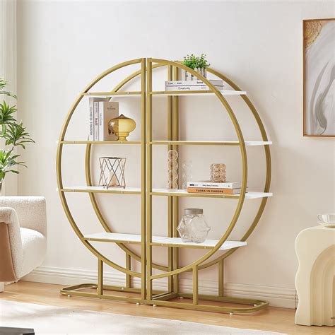 Home Office Convertible 4-Tier Round Bookshelf with Metal Frame, White ...