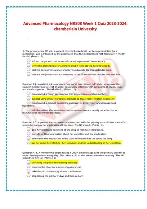 Advanced Pharmacology NR508 Week 1 Quiz : chamberlain University - Advanced Pharmacology NR508 ...