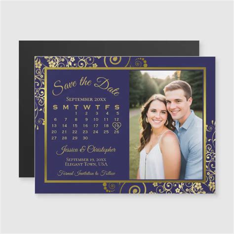 Navy Blue & Gold Calendar Photo Save Date Magnet | Zazzle