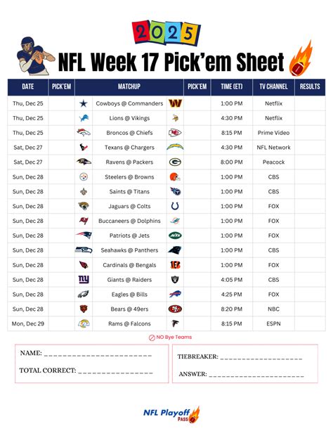 Printable NFL Week 17 Pick'em Sheet 2025 – Free PDF Download