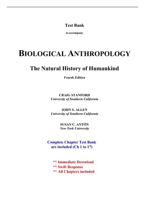 Test Bank for Biological Anthropology, 4th Edition Stanford (All ...