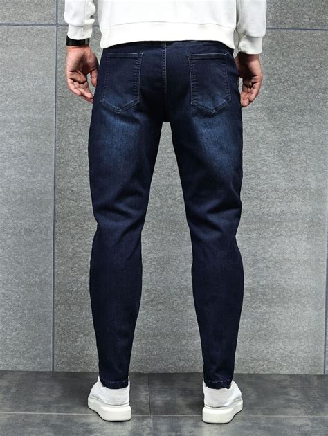 Manfinity Homme Men Cotton Slant Pocket Jeans Plain Dark Blue Slim Fit ...