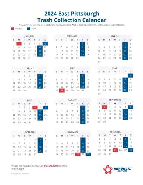 2024 Trash Collection Calendar - East Pittsburgh Borough