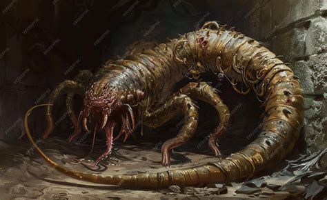 A grotesque biomechanical worm creature with sharp teeth and segmented ...