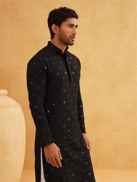 Men's Cotton Embroidered Sequinned Black Long Kurta – Sojanya