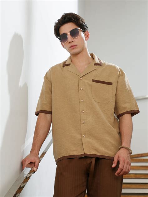 ₹999 | Men's Beige Cuban Collar Short Sleeve Shirt - Campussutra