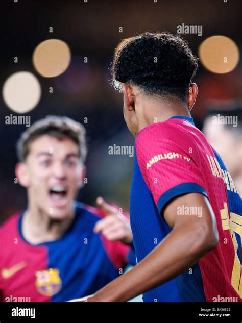 Barcelona, Spain. 25th February, 2025. Lamine Yamal celebrates after ...