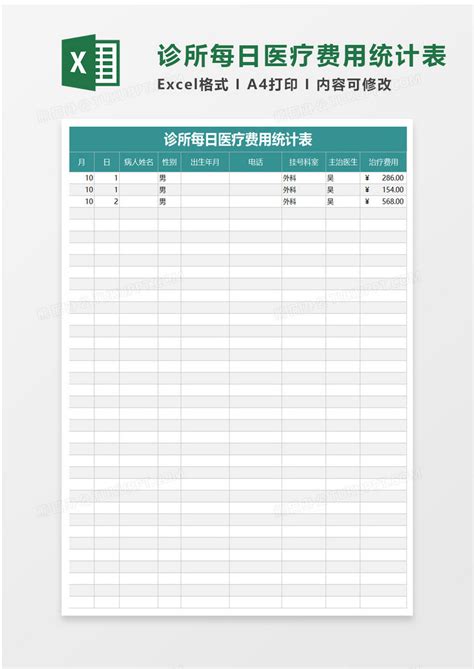 诊所每日医疗费用统计表Excel模板下载_熊猫办公