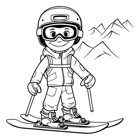 Ilustração de desenho animado em preto e branco de um menino esquiador ...