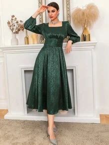 Modelyn Jacquard Square Neck Ruched Corset Flare Hem Dress | SHEIN USA