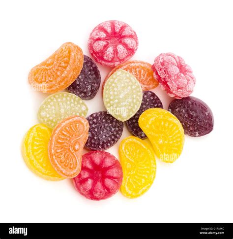 An assortment of fruit flavored hard candy on a white background Stock ...