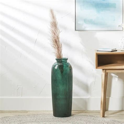 Tall Emerald Green Ribbed Recycled Glass Floor Vase – Click Style