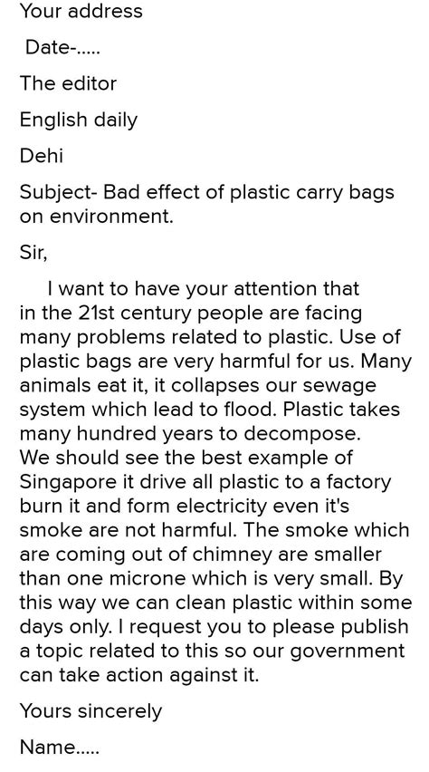 write a letter to the editor of an English daily about the bad effect ...