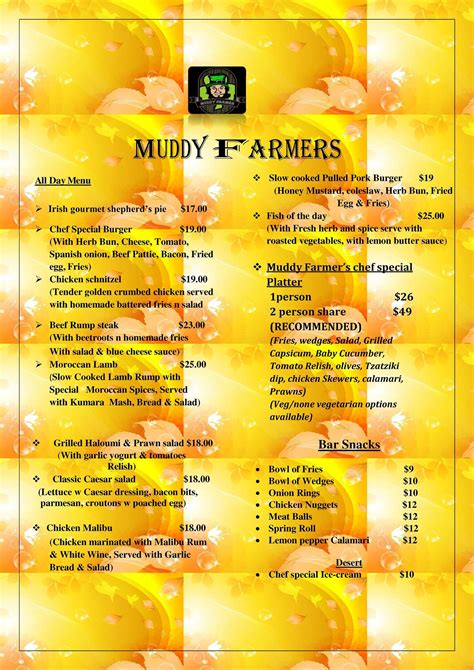 Menu at Muddy Farmer restaurant, Auckland