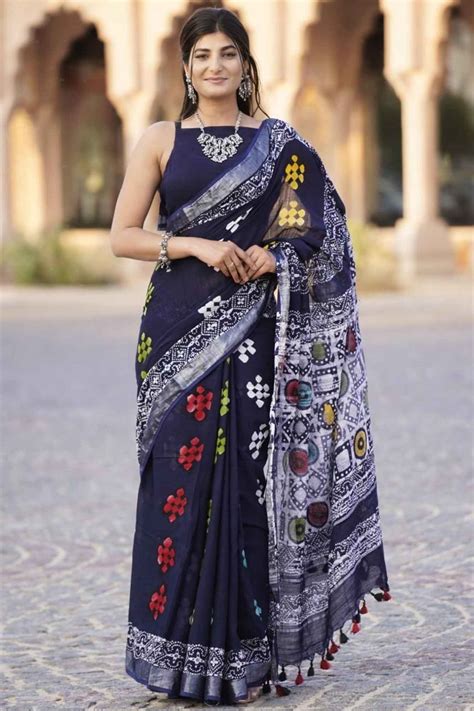 Linen Cotton with Jaipuri Print Ready to Wear Saree | Isadora Life ...