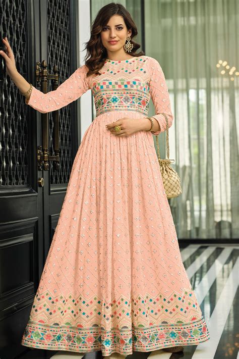 Buy Salmon Peach Georgette Salwar Suit 43214 Online | Karagiri
