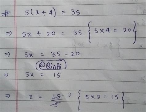 Solve and verify 5(x + 4) = 35 - Brainly.in