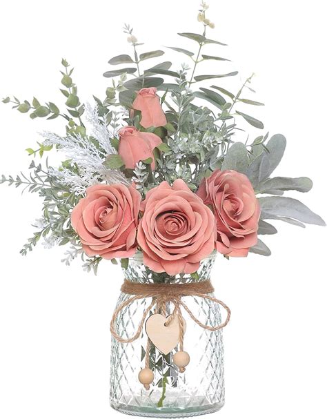 Amazon.com: Faux Flowers with Vase,Artificial Silk Roses in Vase, Fake ...