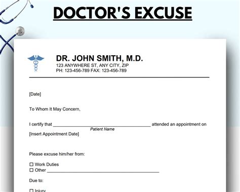 Doctor Excuse Template, Doctor Excuse for Work, Doctor Excuse Letter ...