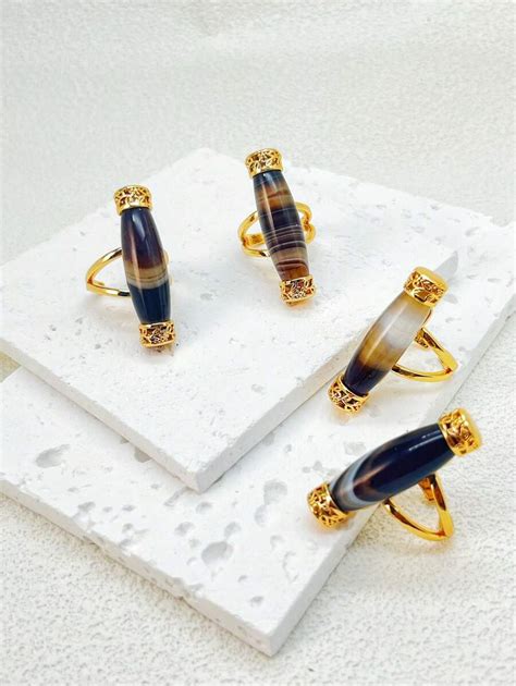 1pc Copper Material Inlaid With Natural Agate Stone Ring, Noble And ...