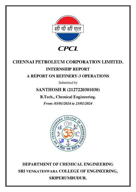B.Tech. Internship Report on CPCL Operations - Santhosh R ...
