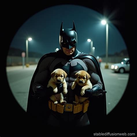 Batman with Puppies in Parking Lot Scene | Stable Diffusion Online
