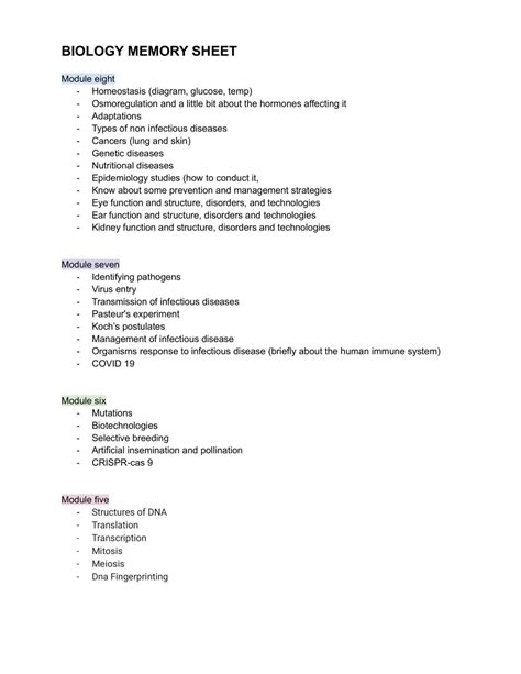 Biology Memory Sheet | Biology - Year 12 HSC | Thinkswap