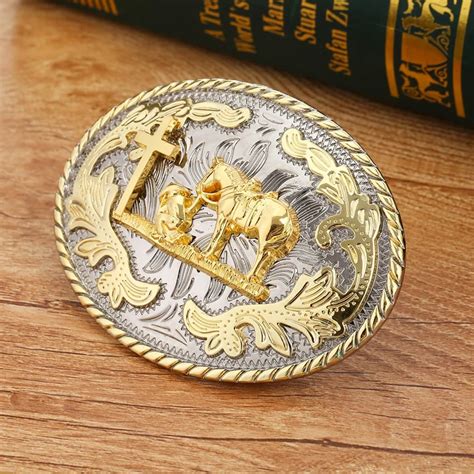 Gold Praying Cowboy Silver Western Scroll Belt Buckle