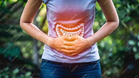 Premium Photo | Abdominal pain woman photo of large intestine on woman body stomachache diarrhea ...