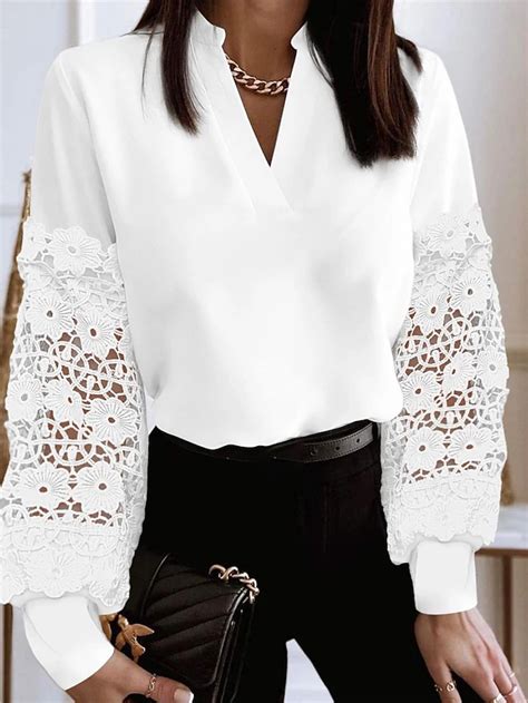 Women's Lace Shirt Blouse Eyelet top White Lace Shirt Elegant Color ...