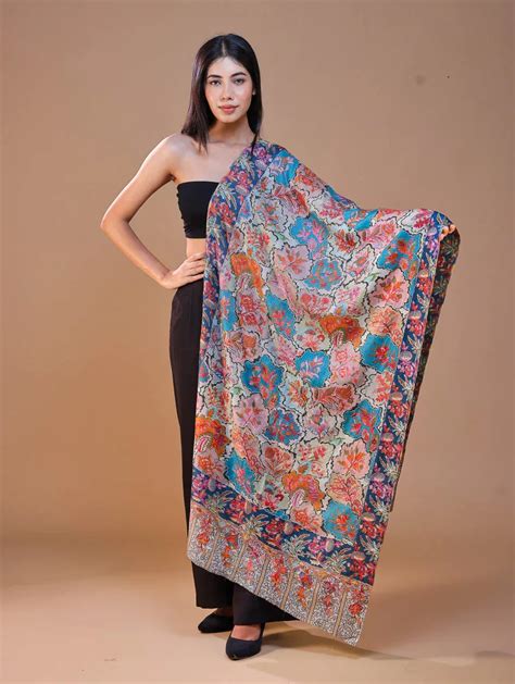 Women's Pure Wool Faux Pashmina Kalamkari Printed Embroidery Stole ...