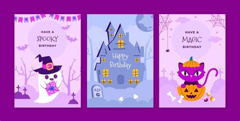 Premium Vector | Flat halloween birthday cards collection