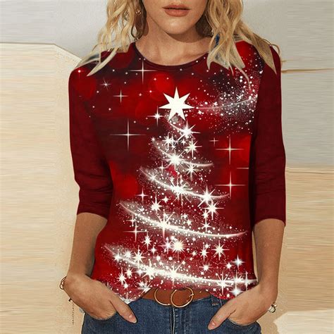 Luxalzxs Womens Christmas Tops 3/4 Sleeve Plus Size Sparkly Christmas ...