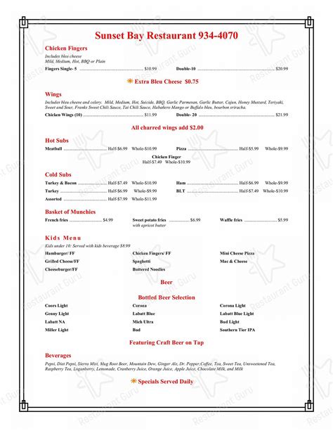 Menu at Sunset Bay Restaurant, Irving, 954 Main Rd