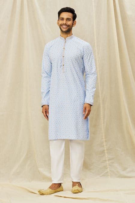 Buy Blue Silk Art Geometric Print Kurta For Men by Arihant Rai Sinha ...