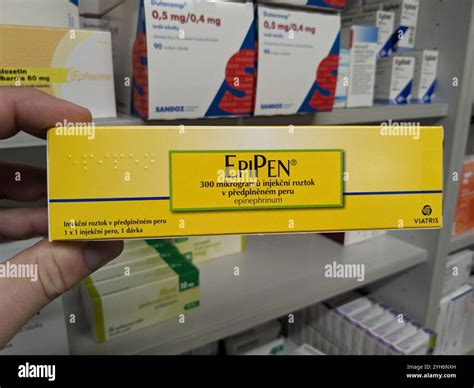 EPIPEN box of medication with epinephrine active substance by Mylan, used for treatment of ...