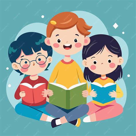 Three happy cartoon children reading books together | Premium AI ...