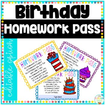 Homework Pass Editable Birthday Gift by The Teacher Gene | TPT