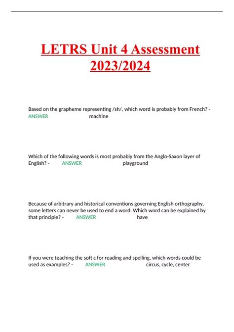 LETRS Unit 4 Assessment 2023/2024 - Letrs - Stuvia US