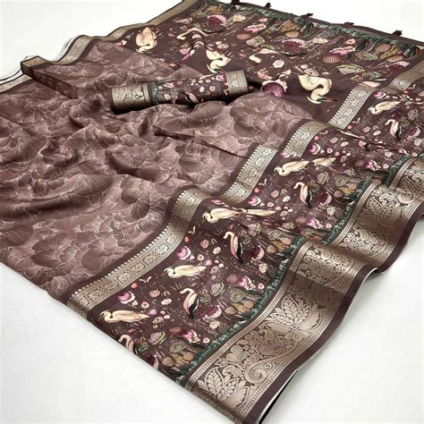 Brown Digital Patterned Smooth Cotton Silken Drape Featuring Zari Bord