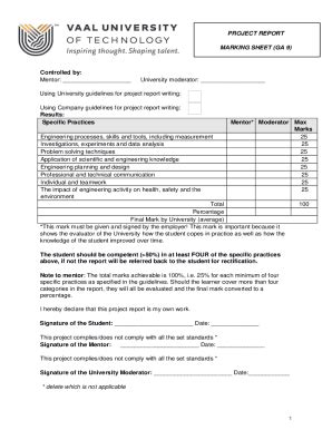 Fillable Online PROJECT REPORT MARKING SHEET (GA 9) Controlled by Fax ...
