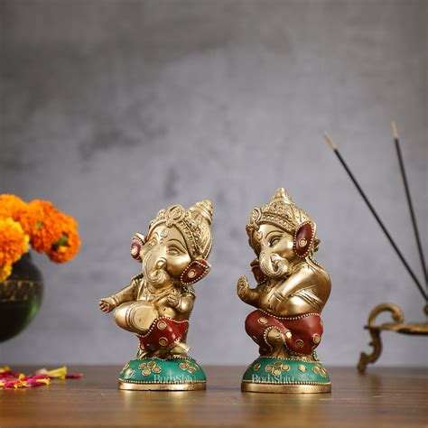 Buy Baby Ganesha Brass Idols pair 5 " Stonework - Budhshiv.com