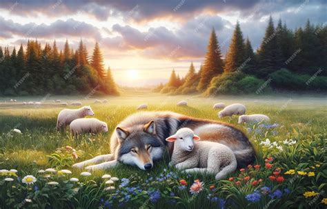 Premium Photo | The wolf lies peacefully with the lamb in the lap of nature a biblical prophecy ...