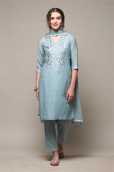 Powder Blue Art Silk Straight Kurta Regular Pant Suit Set