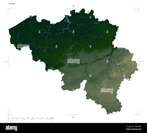 Shape of a Colored elevation map with lakes and rivers of the Belgium, with distance scale and ...